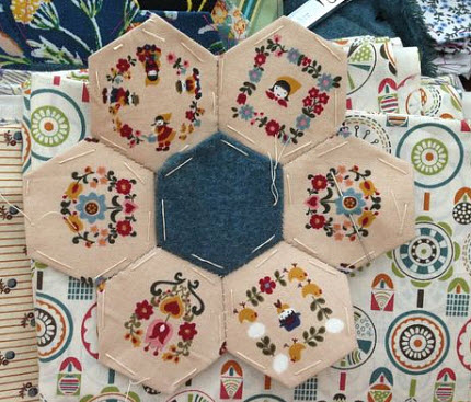 hexies with folk art printed fabric